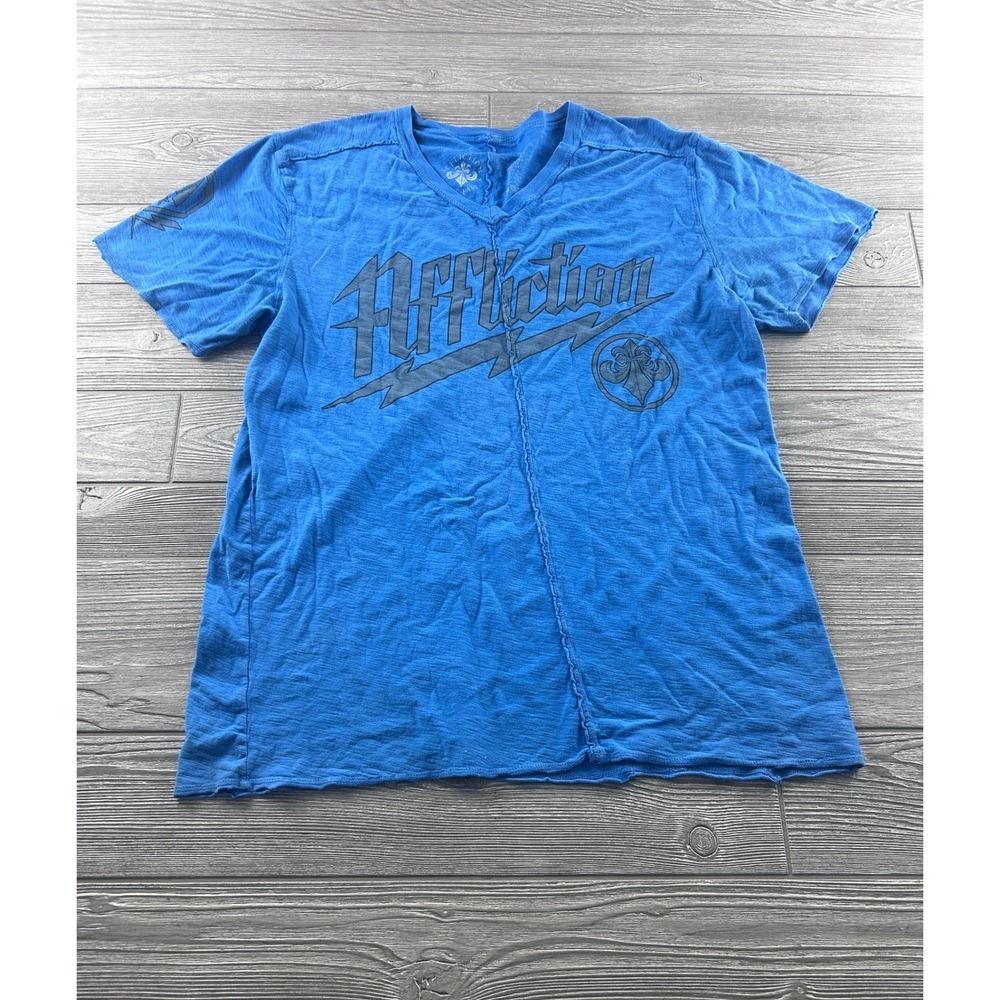 Affliction Live Fast Mens 2XL Blue V-Neck Graphic T-Shirt Slub Cotton USA Made